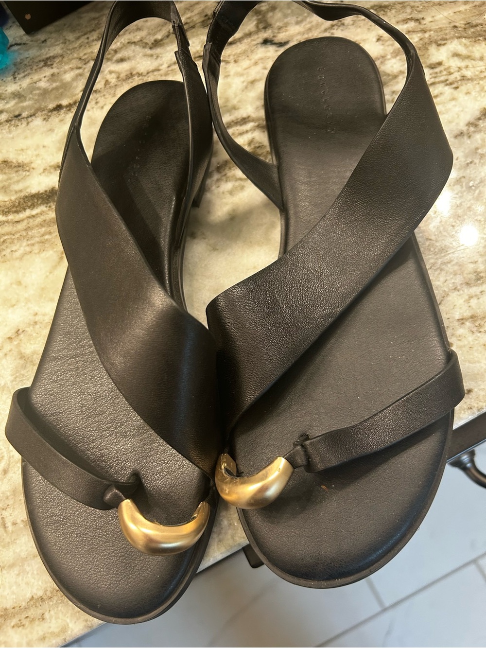 Sanctuary Black Leather Slingback Sandals with Gold Accent